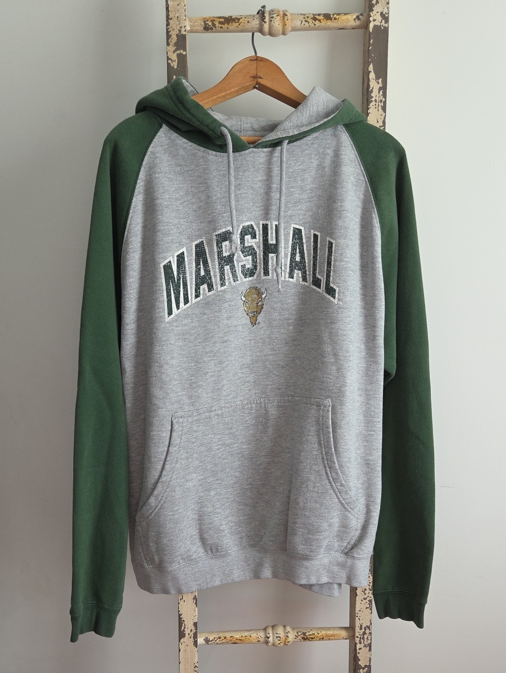 Marshall NCAA Gray Pullover Hoodie with Green Raglan Sleeves